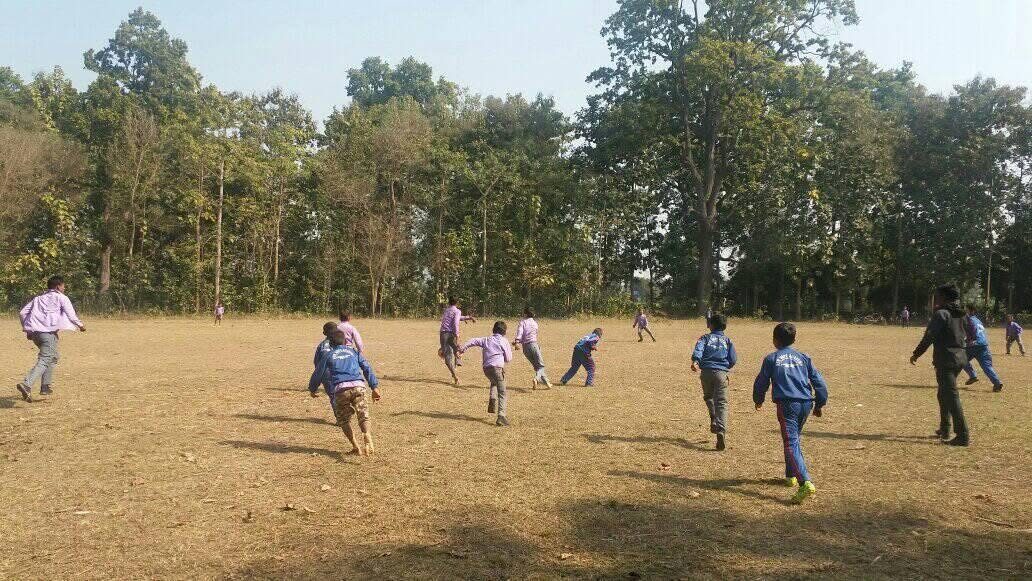 Students running and playing across the big open field beside the forest