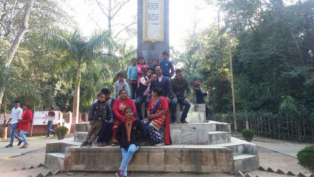 Students and teachers gathered at a memorial park on school picnic day